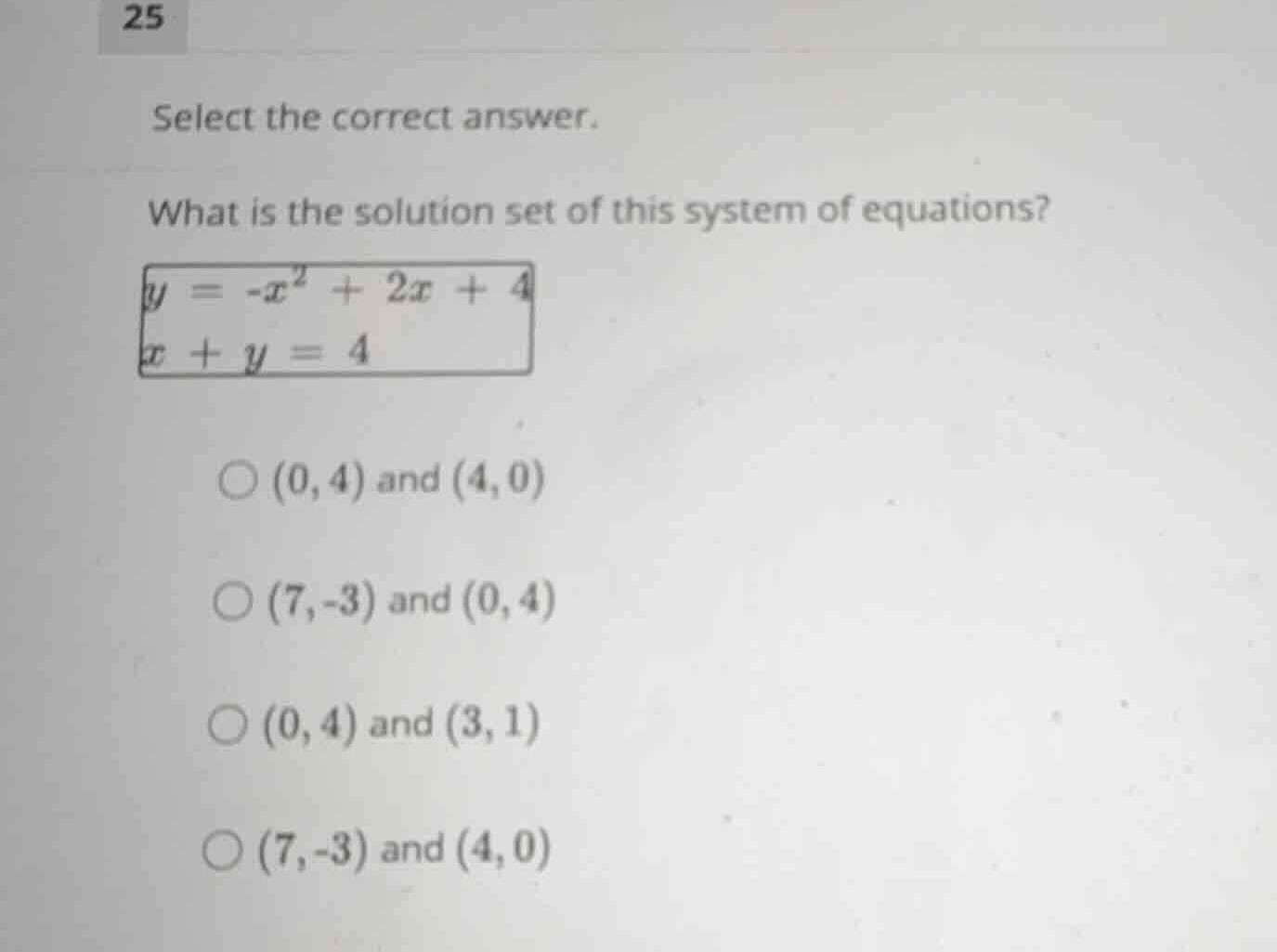 select the correct answer. what is the solution set of this system of e…