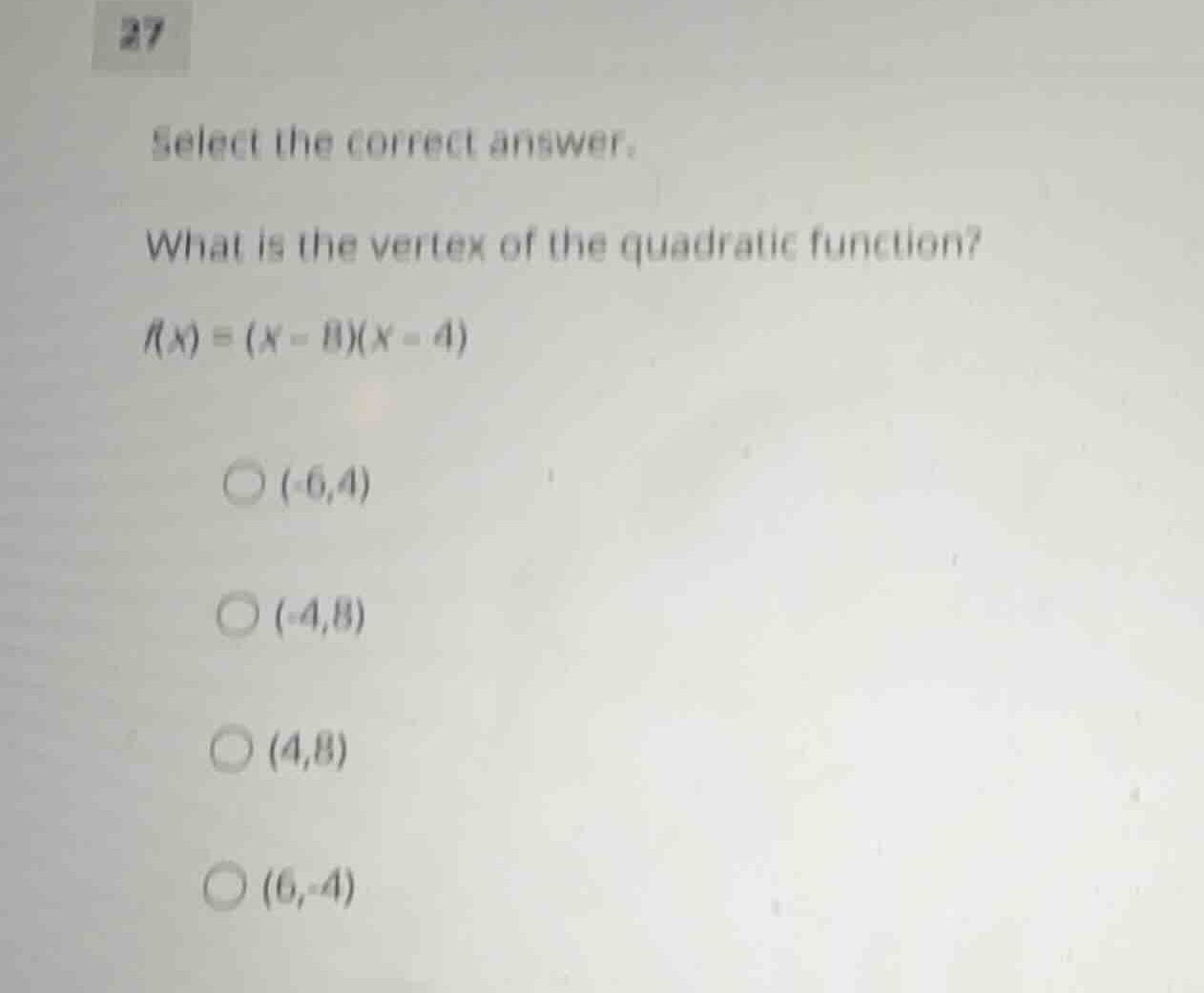 27 select the correct answer. what is the vertex of the quadratic funct…