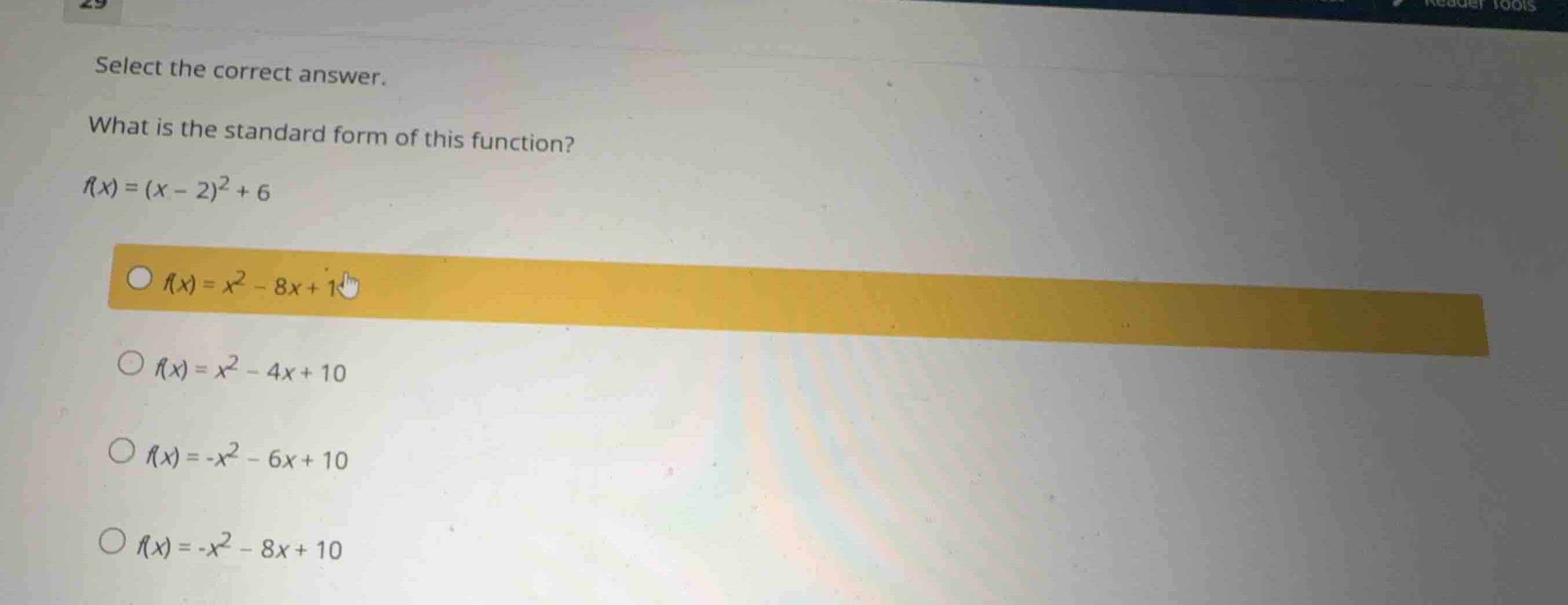 select the correct answer. what is the standard form of this function? …