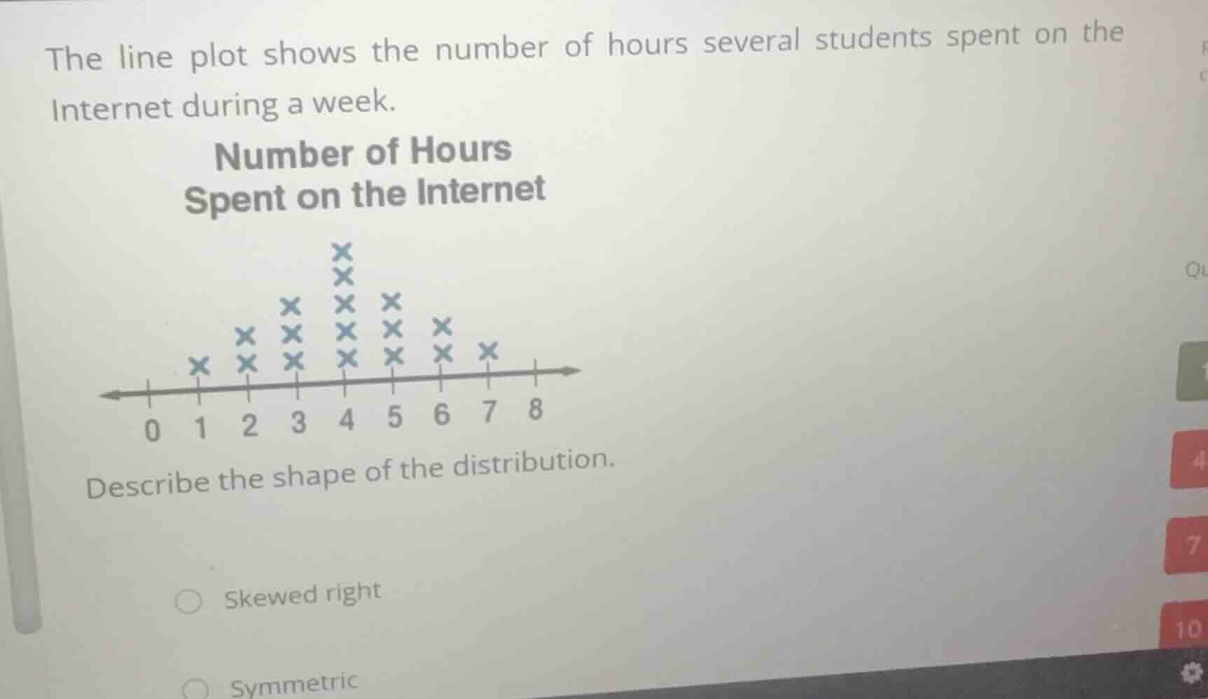 the line plot shows the number of hours several students spent on the i…