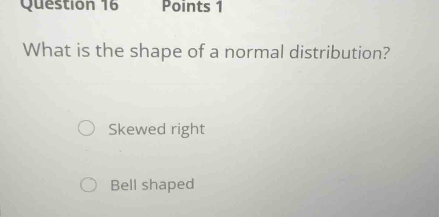 question 16 points 1 what is the shape of a normal distribution? skewed…