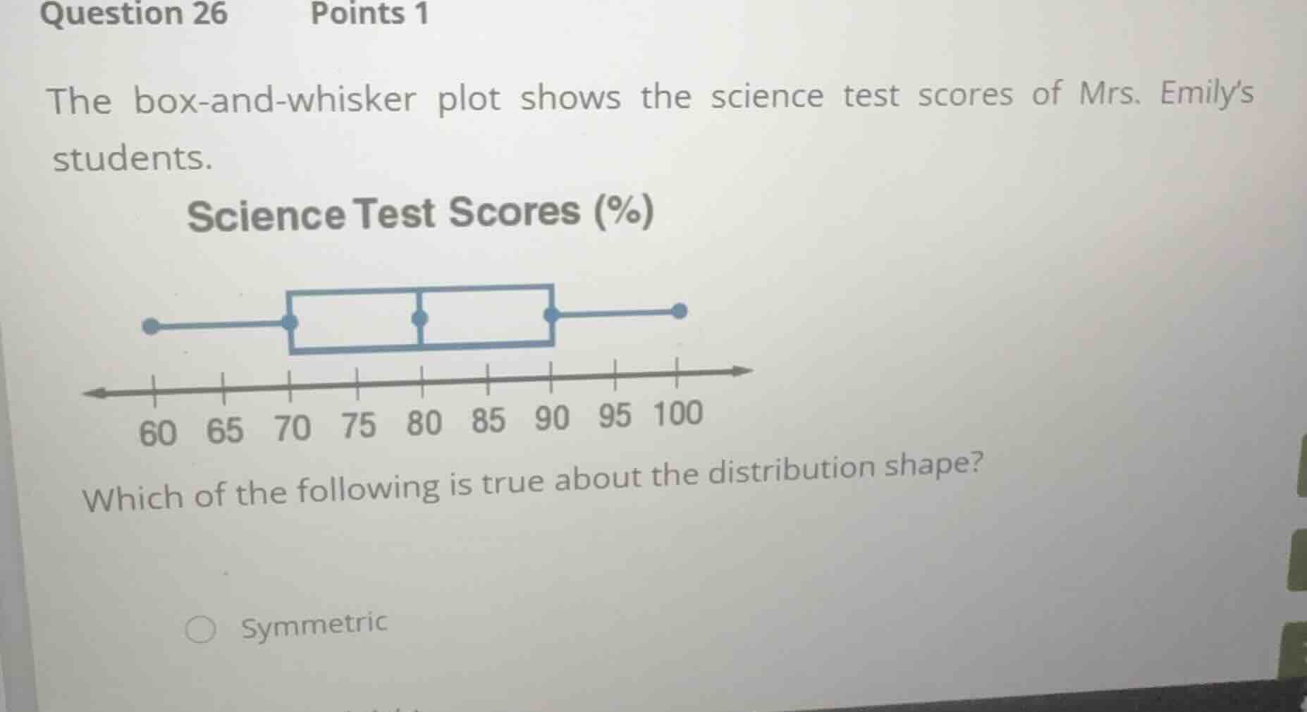 the box-and-whisker plot shows the science test scores of mrs. emilys s…