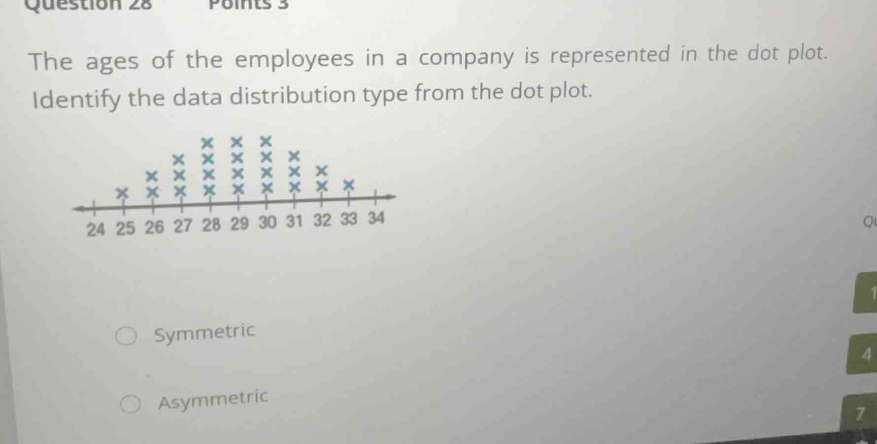 the ages of the employees in a company is represented in the dot plot. …