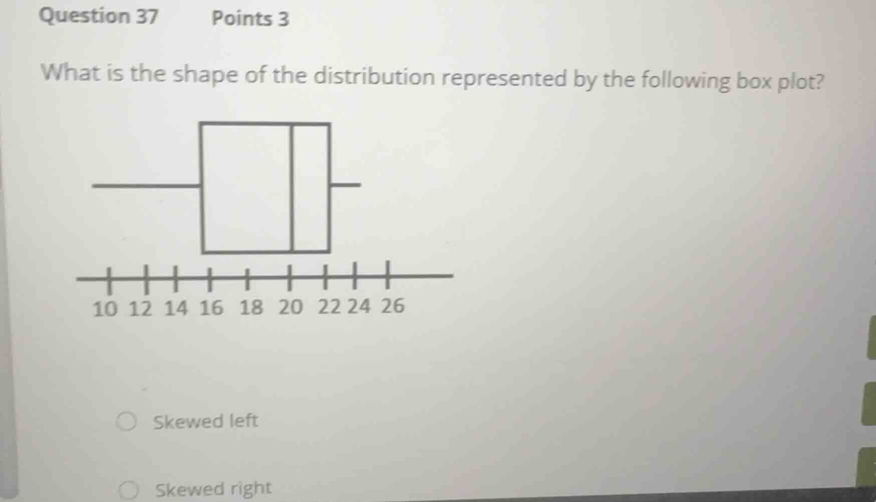 question 37 points 3 what is the shape of the distribution represented …