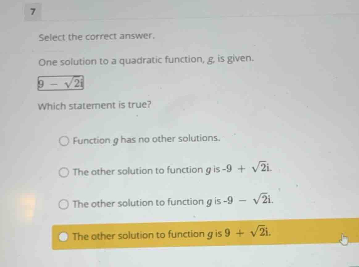 select the correct answer. one solution to a quadratic function, \\(g\\…