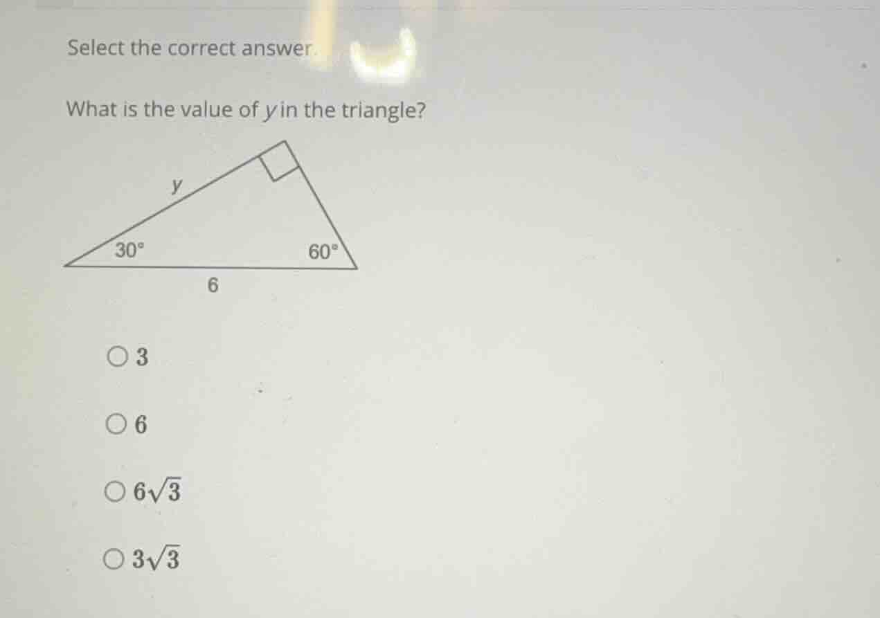 select the correct answer. what is the value of (y) in the triangle? 3 …