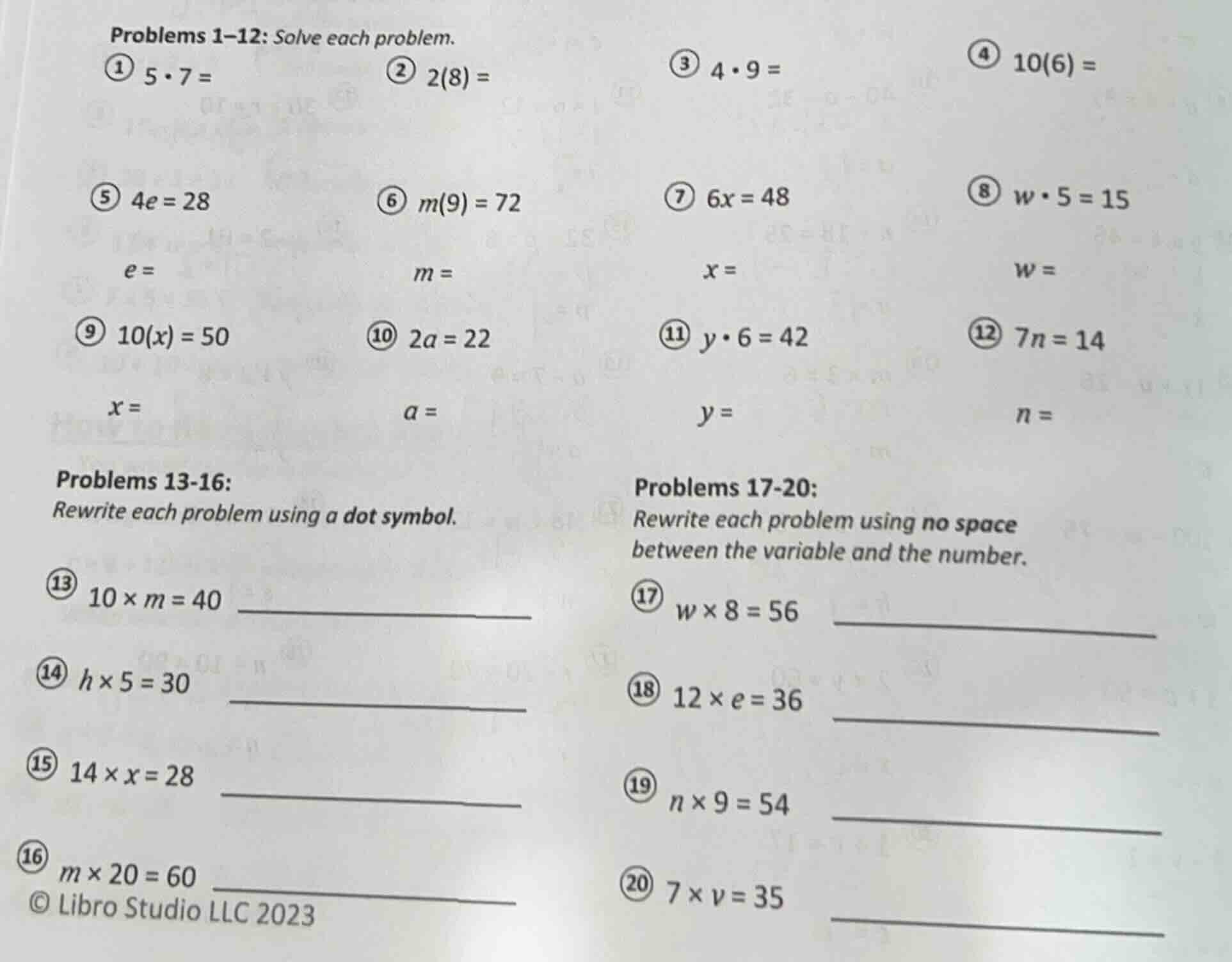 problems 1-12: solve each problem. 1) \\(5 \\cdot 7 =\\) 2) \\(2(8) =\\…