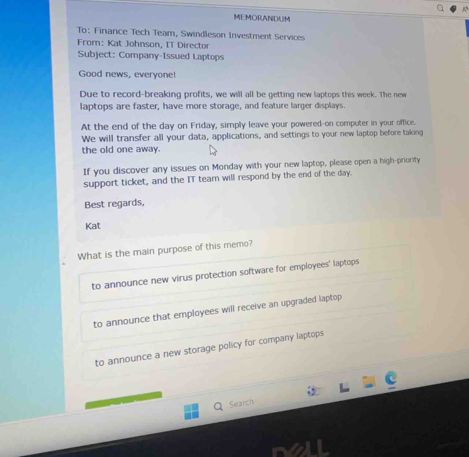 memorandum to: finance tech team, swindleson investment services from: …