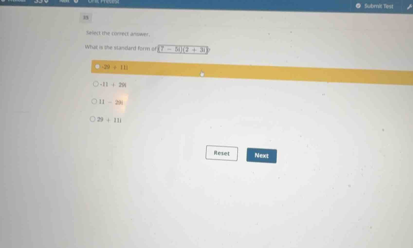 select the correct answer. what is the standard form of \\((7 - 5i)(2 +…