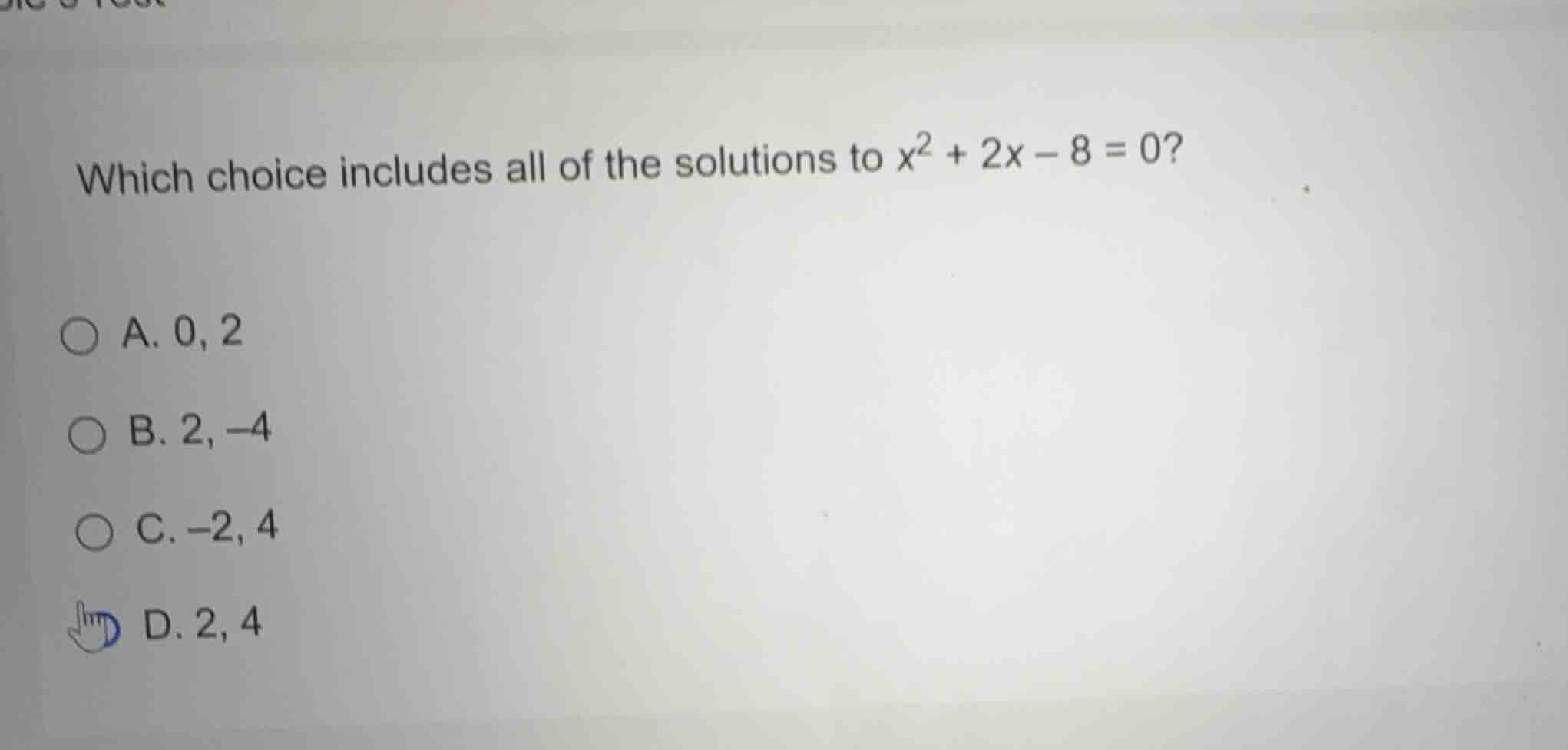 which choice includes all of the solutions to \\(x^2 + 2x - 8 = 0\\)? a…