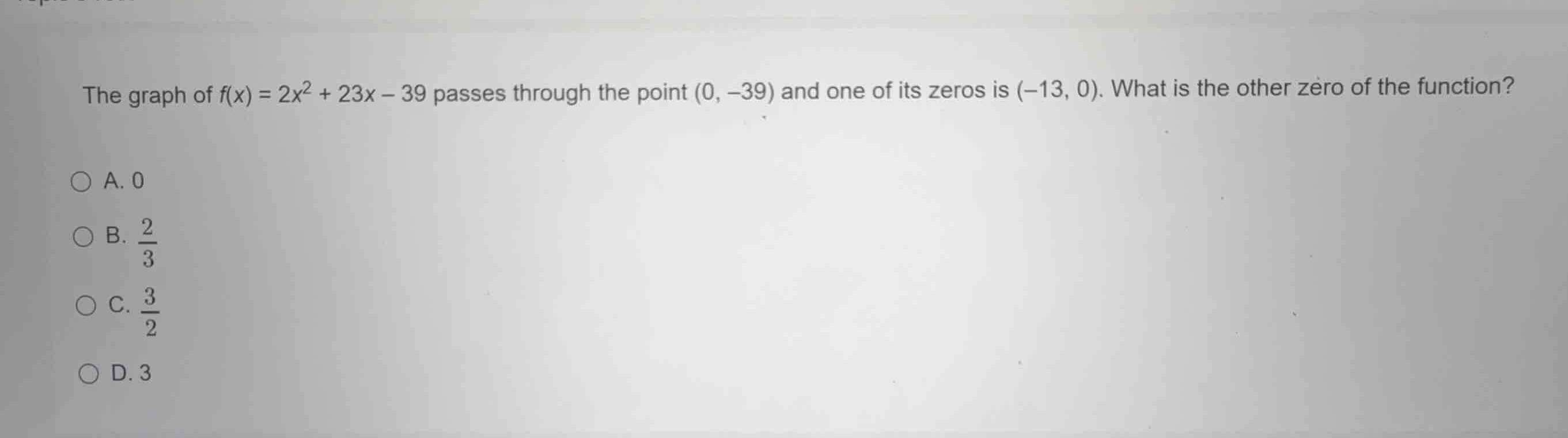 the graph of (f(x) = 2x^2 + 23x - 39) passes through the point ((0, -39…