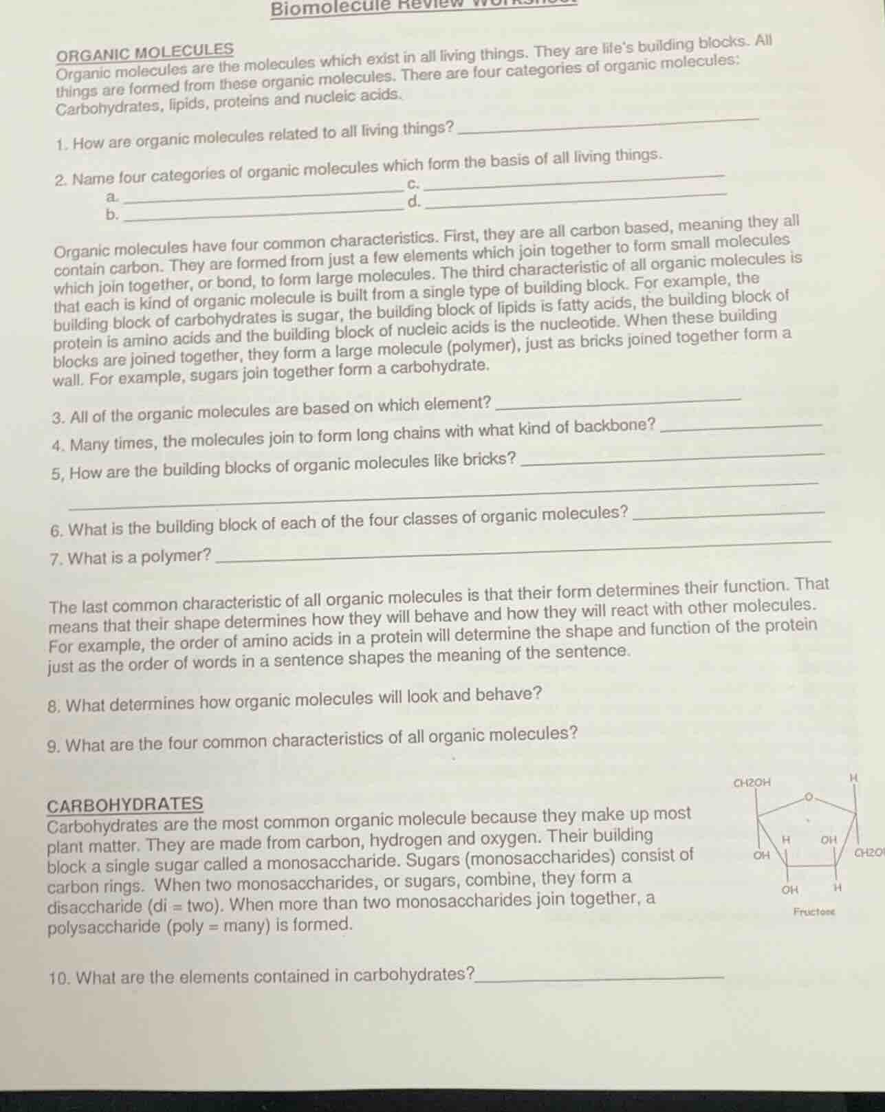 biomolecule review worksheet organic molecules organic molecules are th…