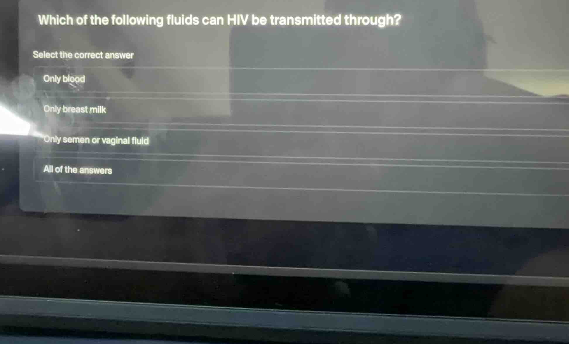 which of the following fluids can hiv be transmitted through? select th…