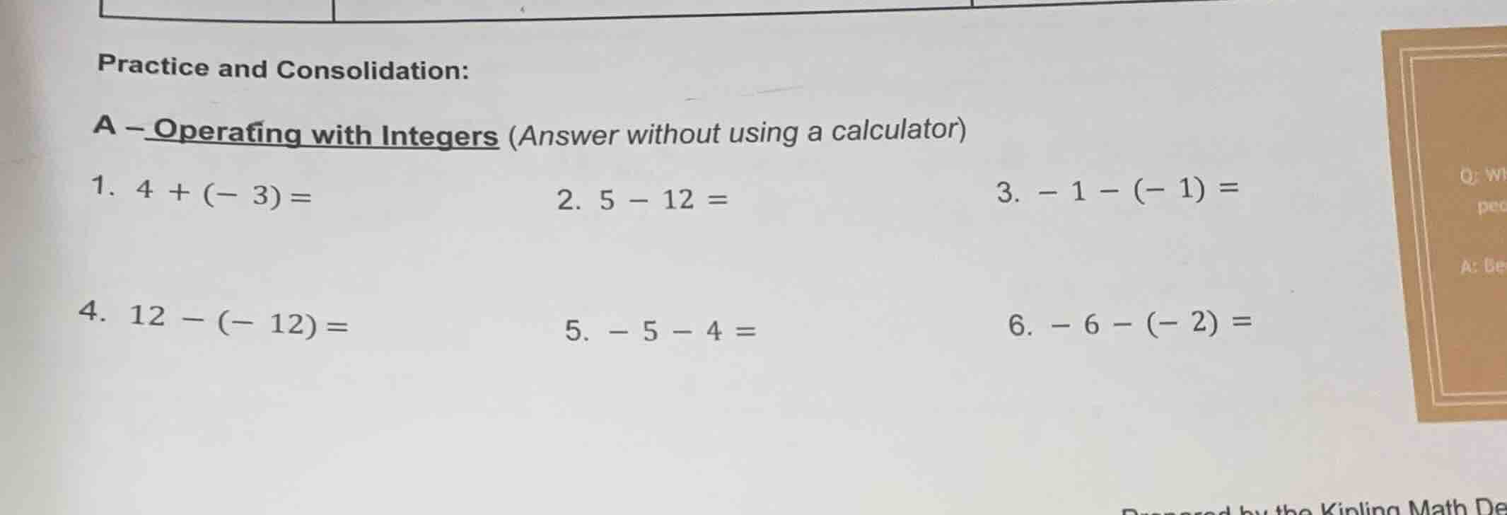 practice and consolidation: a - operating with integers (answer without…