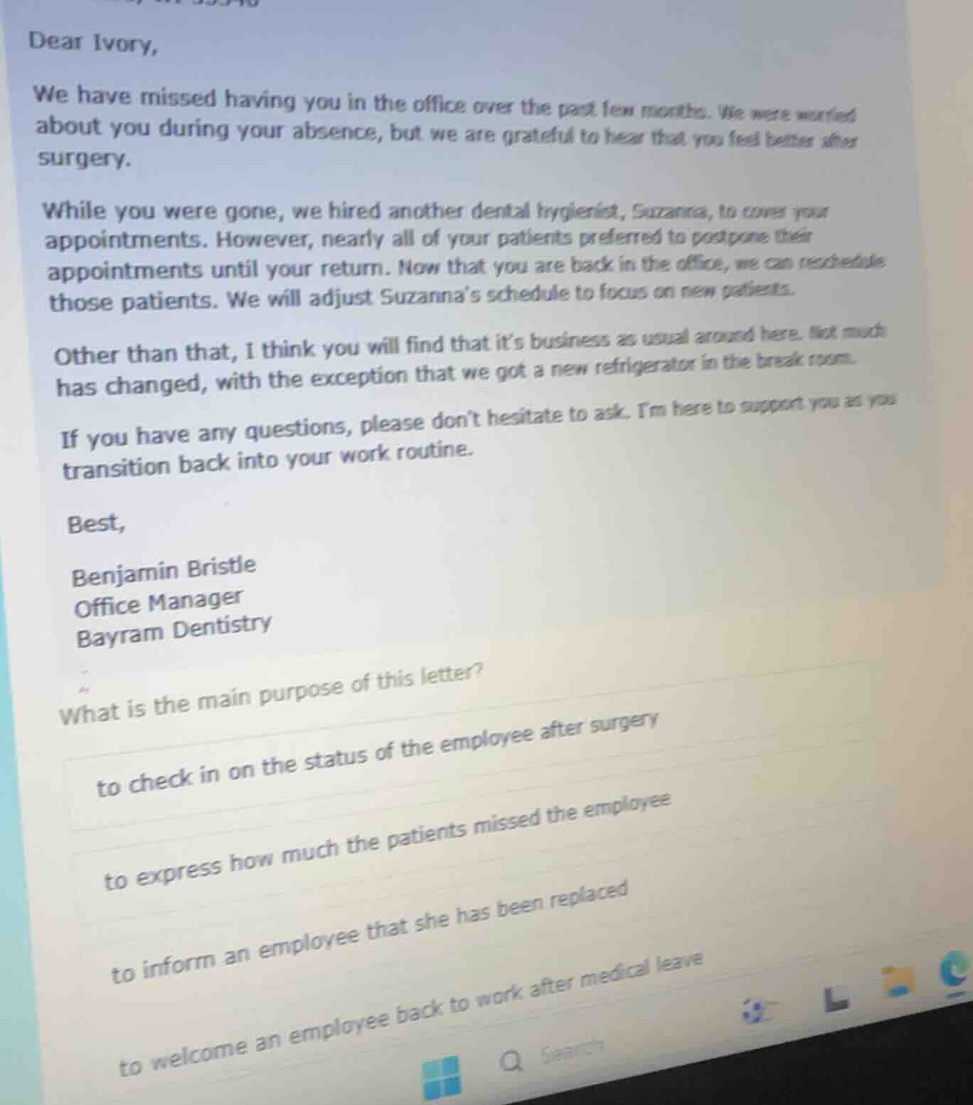 dear ivory, we have missed having you in the office over the past few m…