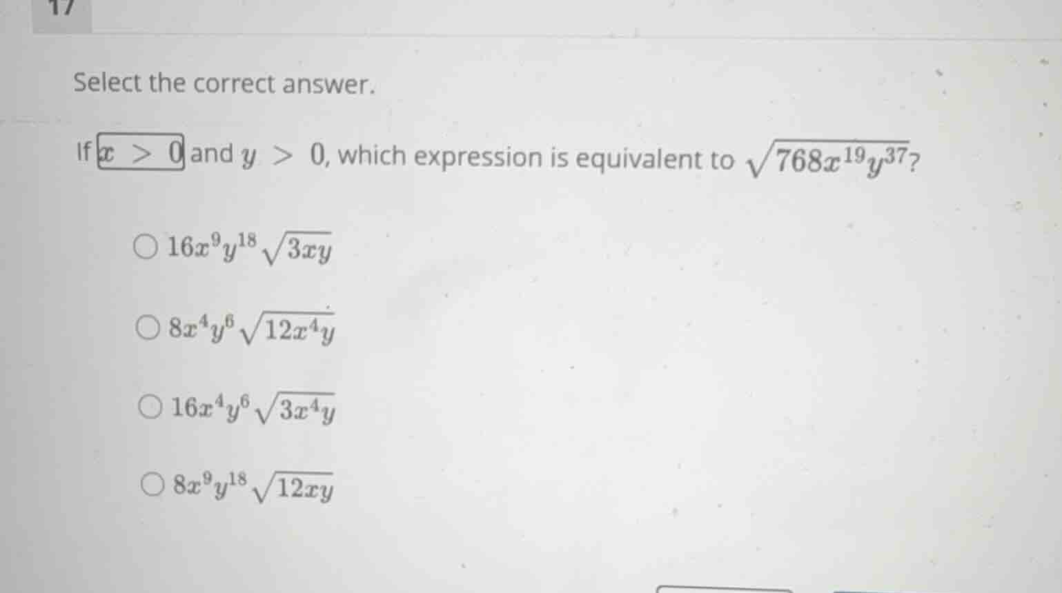 select the correct answer. if \\(x > 0\\) and \\(y > 0\\), which expres…