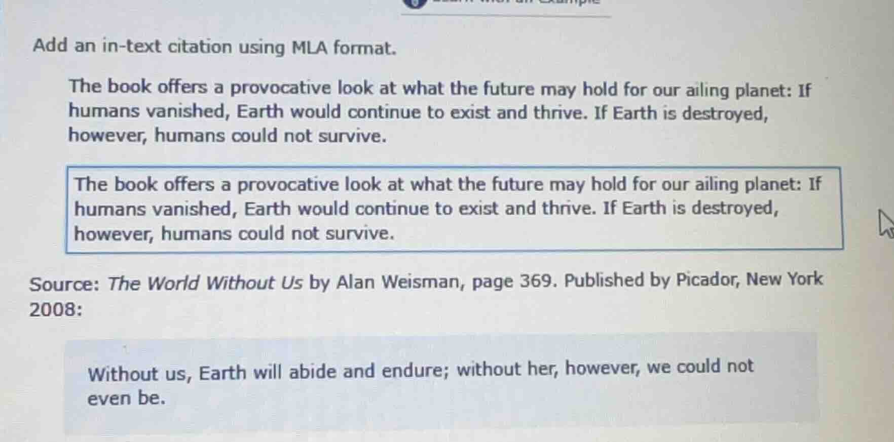add an in-text citation using mla format. the book offers a provocative…