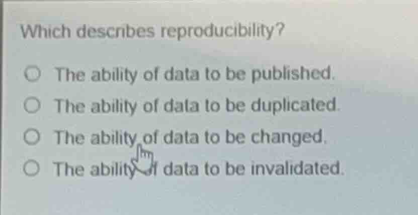 which describes reproducibility? - the ability of data to be published.…