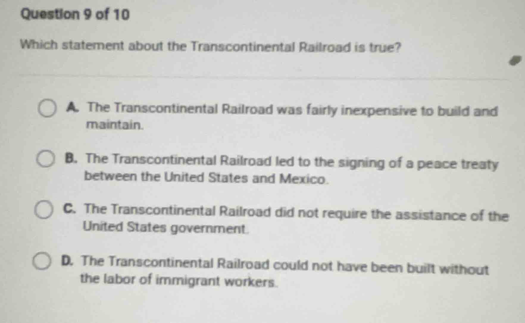 question 9 of 10 which statement about the transcontinental railroad is…