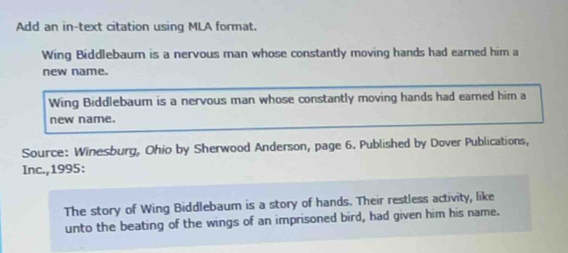 add an in-text citation using mla format. wing biddlebaum is a nervous …