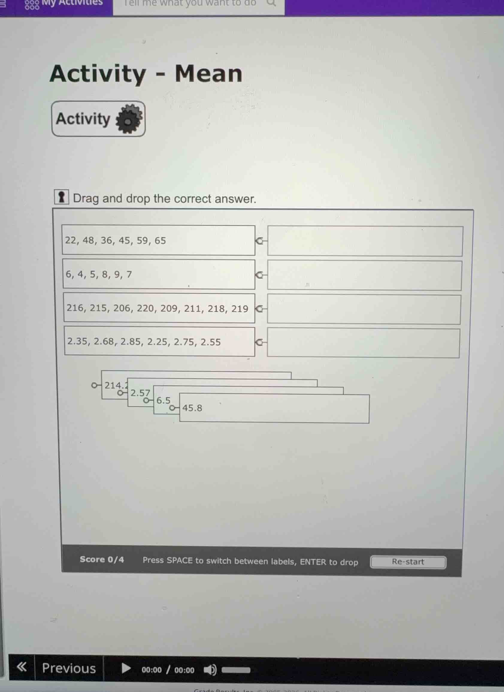 activity - mean drag and drop the correct answer. 22, 48, 36, 45, 59, 6…