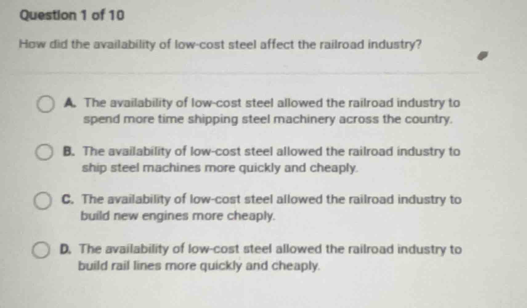 question 1 of 10 how did the availability of low-cost steel affect the …