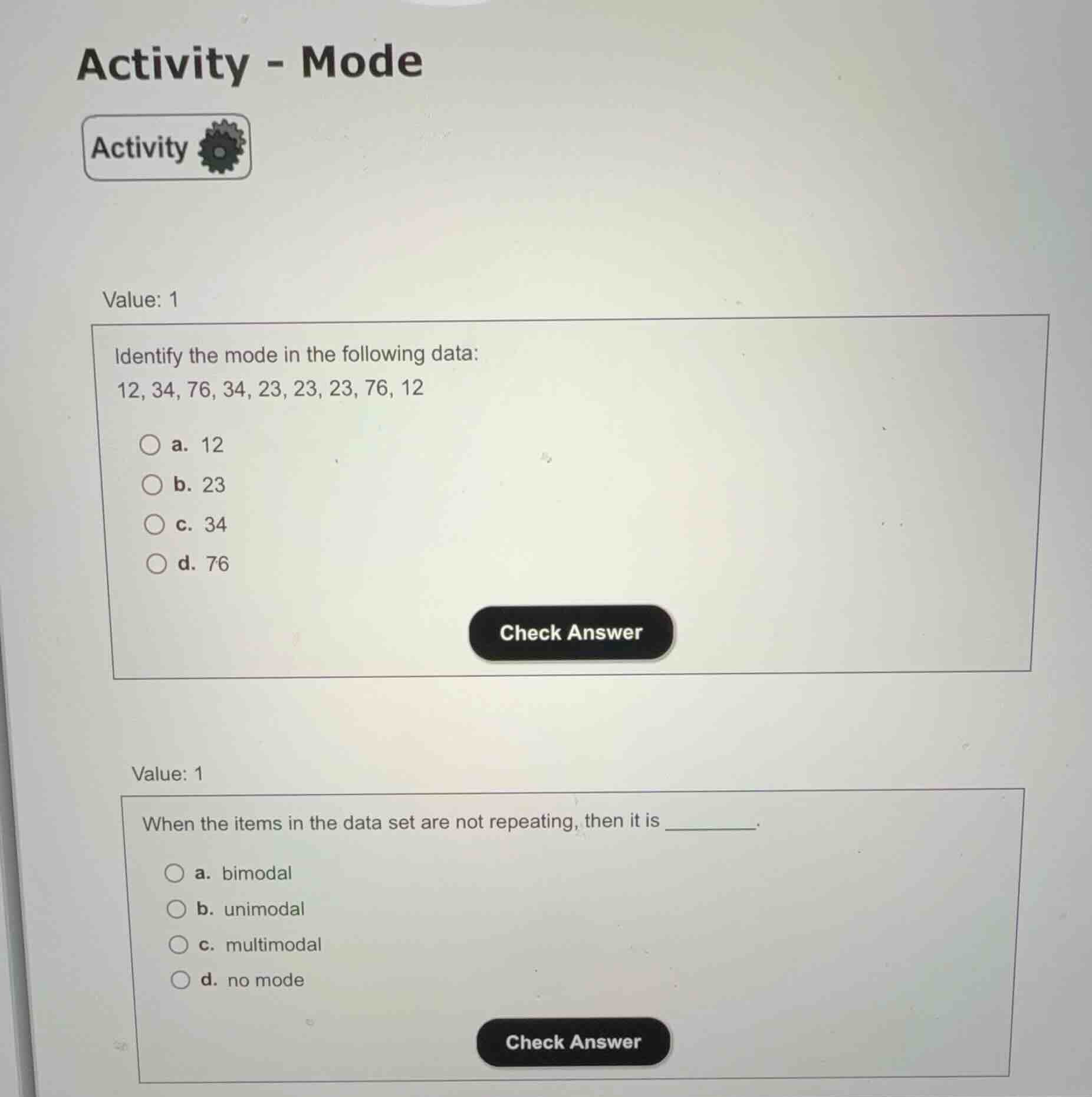 activity - mode value: 1 identify the mode in the following data: 12, 3…