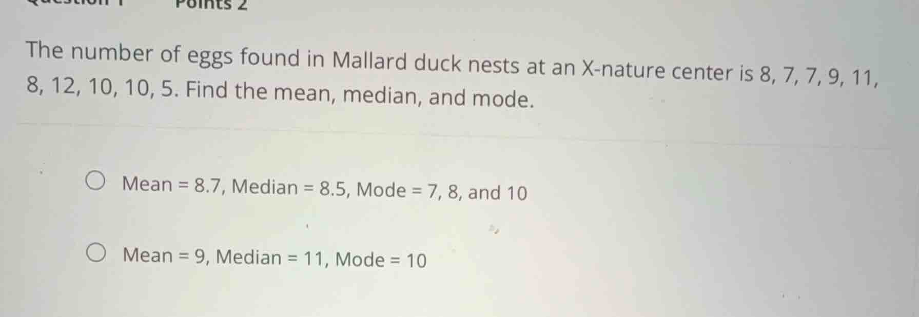the number of eggs found in mallard duck nests at an x-nature center is…