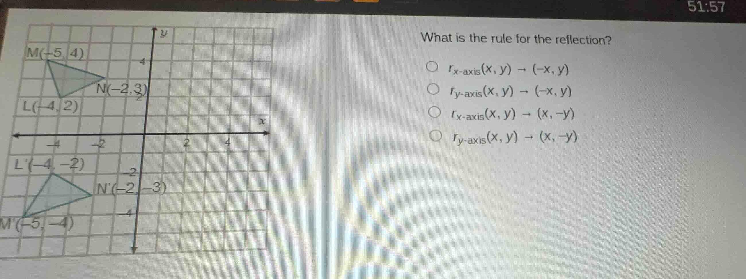what is the rule for the reflection? \\(r_{\\text{x-axis}}(x, y) \ ight…
