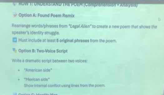 row 1: understand the poem (comprehension + analysis) option a: found p…