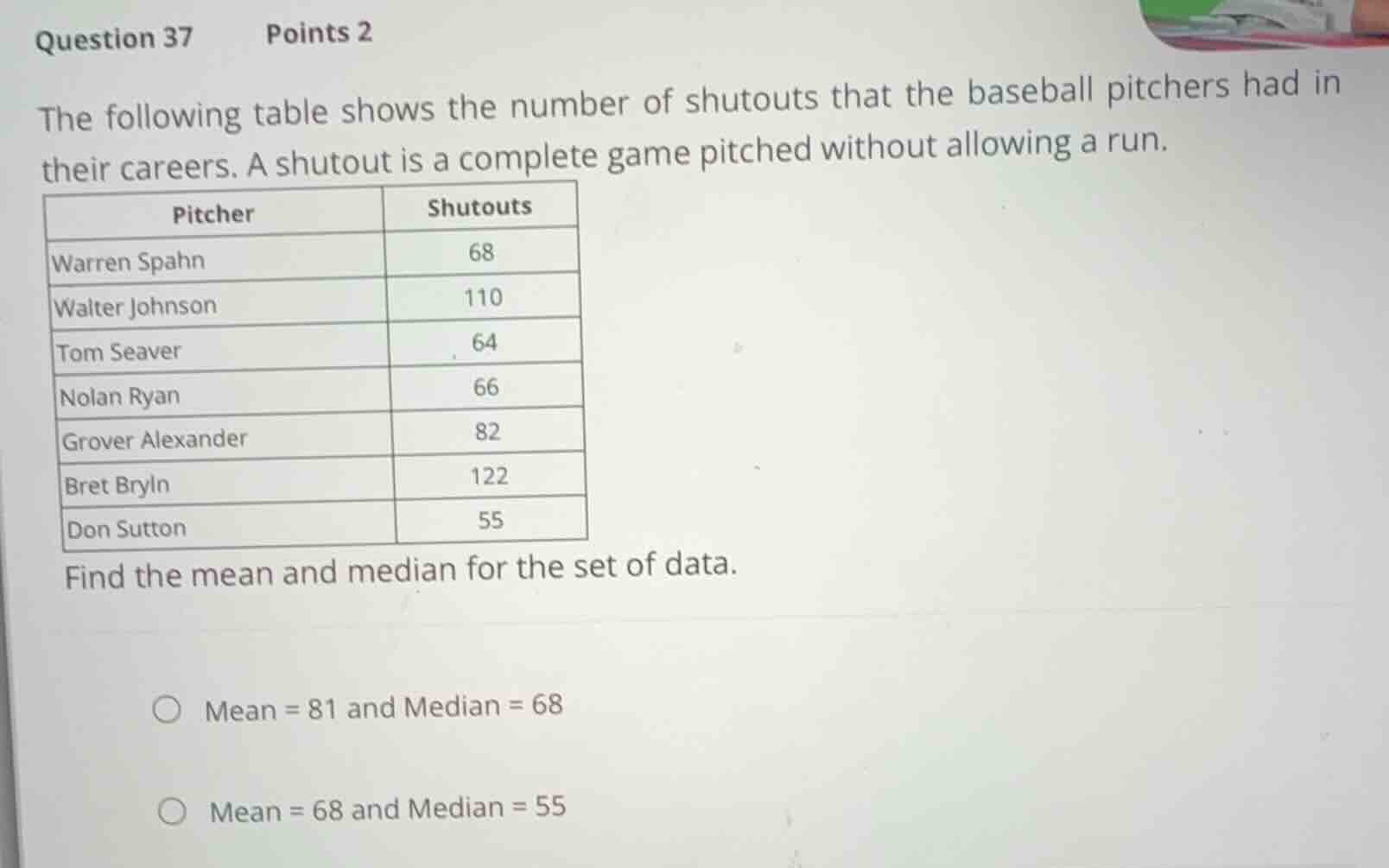 question 37 points 2 the following table shows the number of shutouts t…