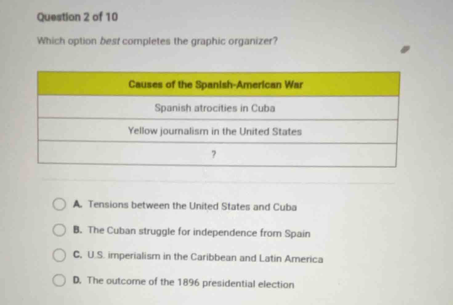 question 2 of 10 which option best completes the graphic organizer? cau…