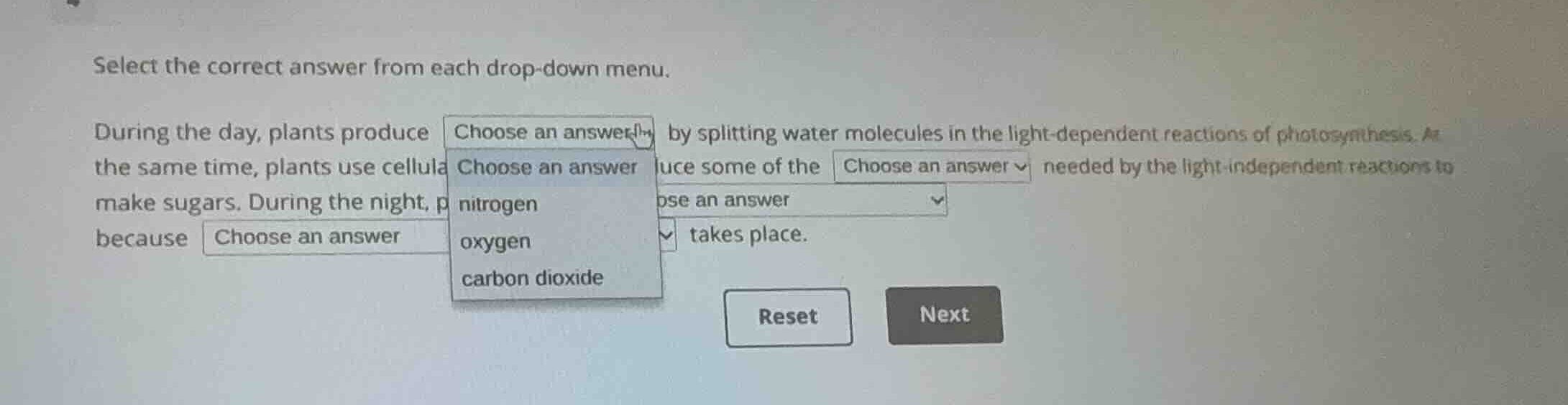 select the correct answer from each drop-down menu. during the day, pla…