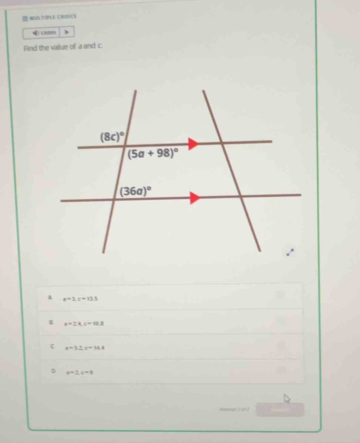 find the value of a and c. a. \\(a = 3, c = 13.5\\) b. \\(a = 2.4, c = …