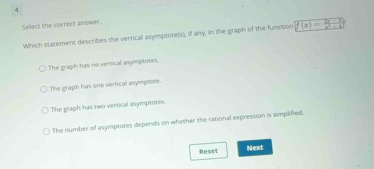 select the correct answer. which statement describes the vertical asymp…