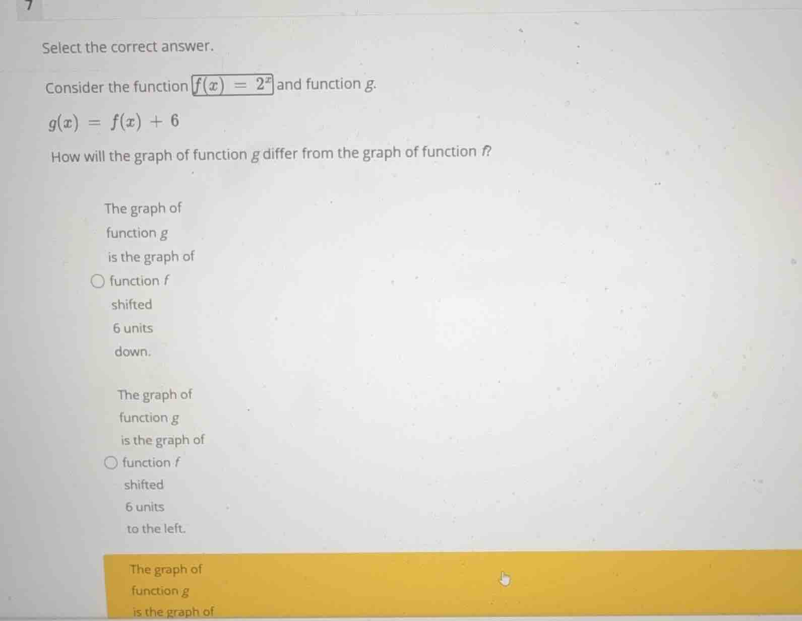 select the correct answer. consider the function \\(f(x) = 2^x\\) and f…