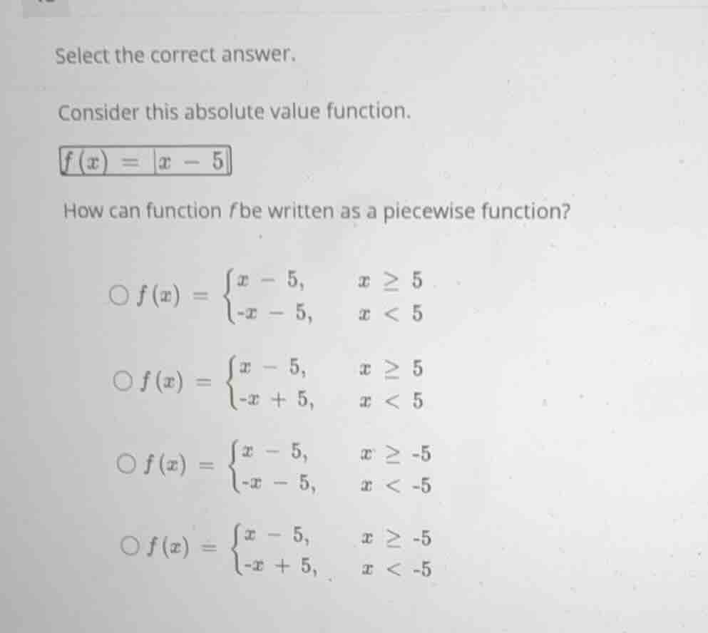 select the correct answer. consider this absolute value function. \\f(x…