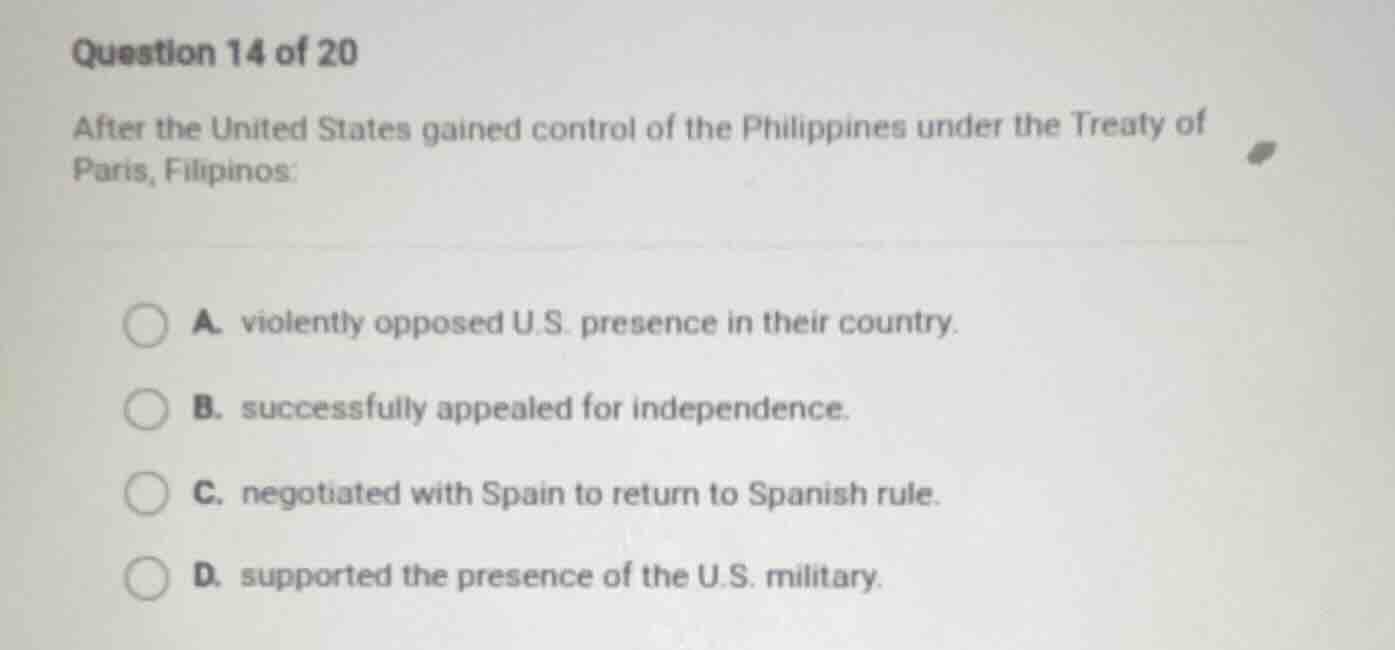 question 14 of 20 after the united states gained control of the philipp…