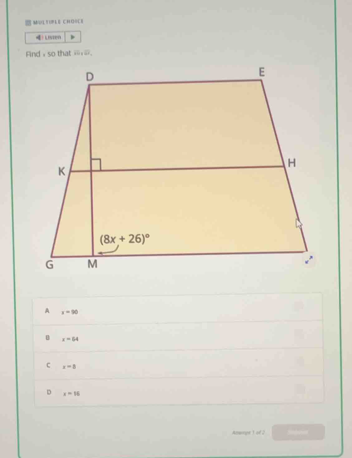 find \\(x\\) so that \\(kh \\parallel gm\\). image showing a trapezoid-…