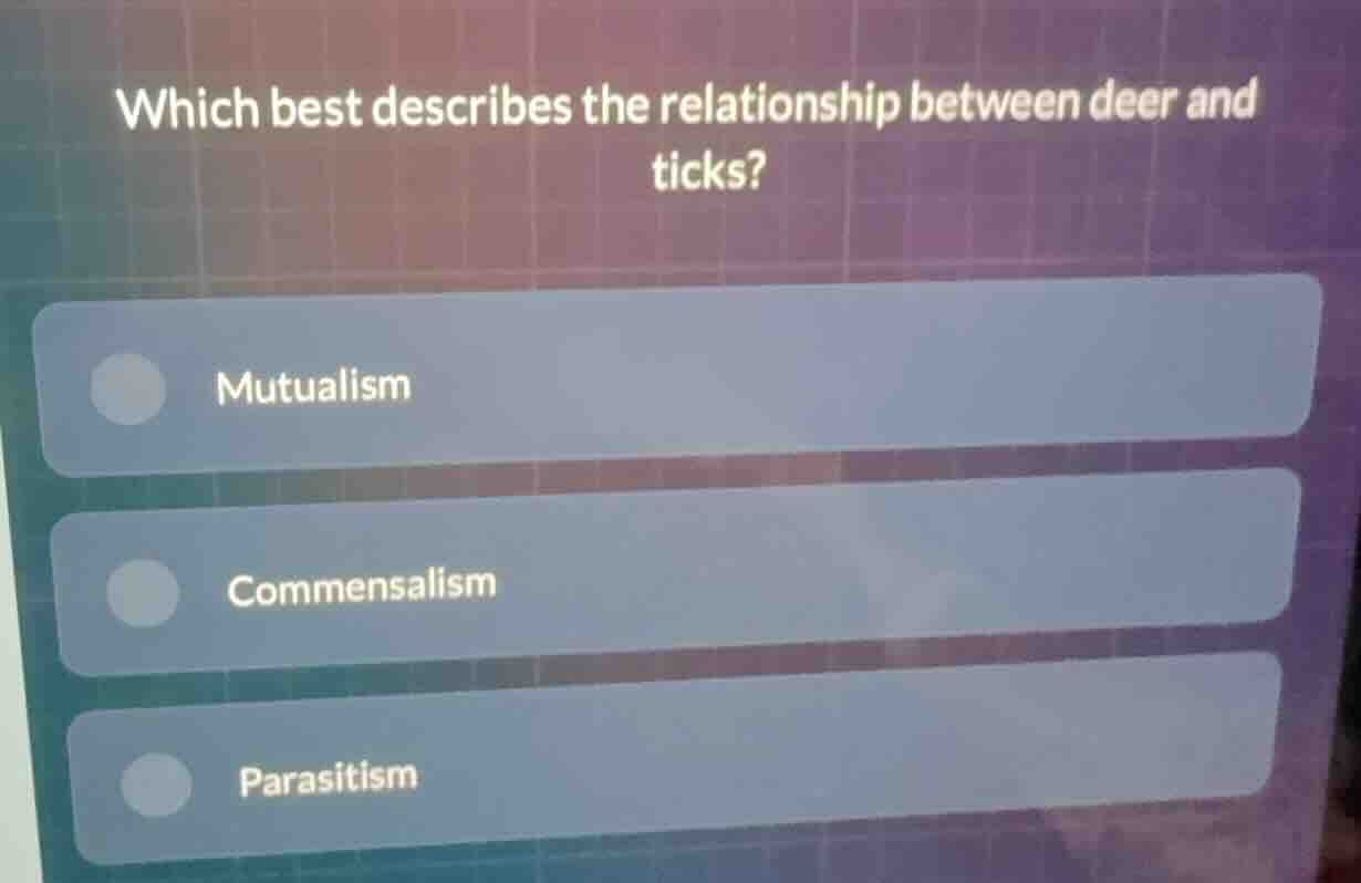 which best describes the relationship between deer and ticks? mutualism…