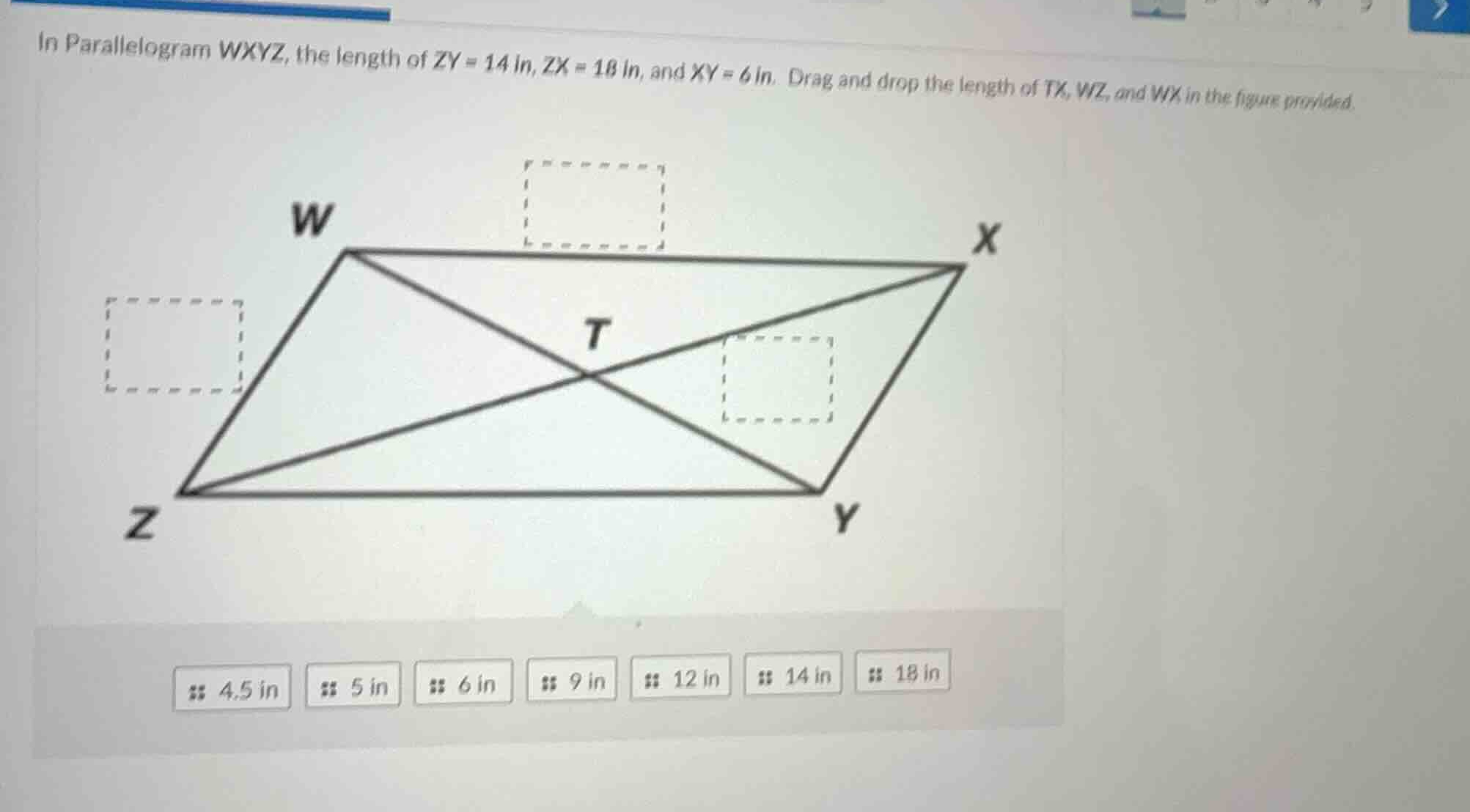 in parallelogram wxyz, the length of zy = 14 in, zx = 18 in, and xy = 6…