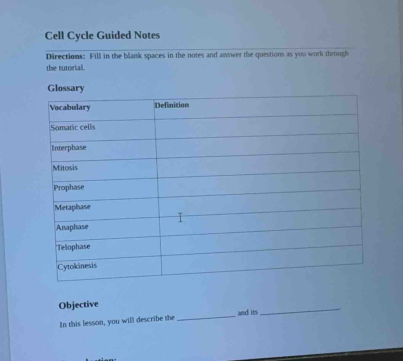 cell cycle guided notes directions: fill in the blank spaces in the not…