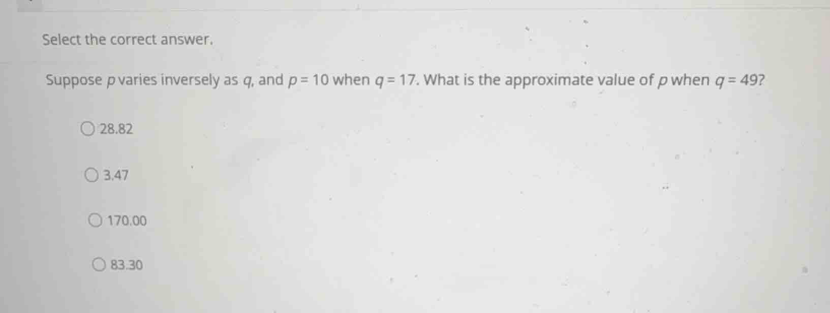 select the correct answer. suppose \\(p\\) varies inversely as \\(q\\),…