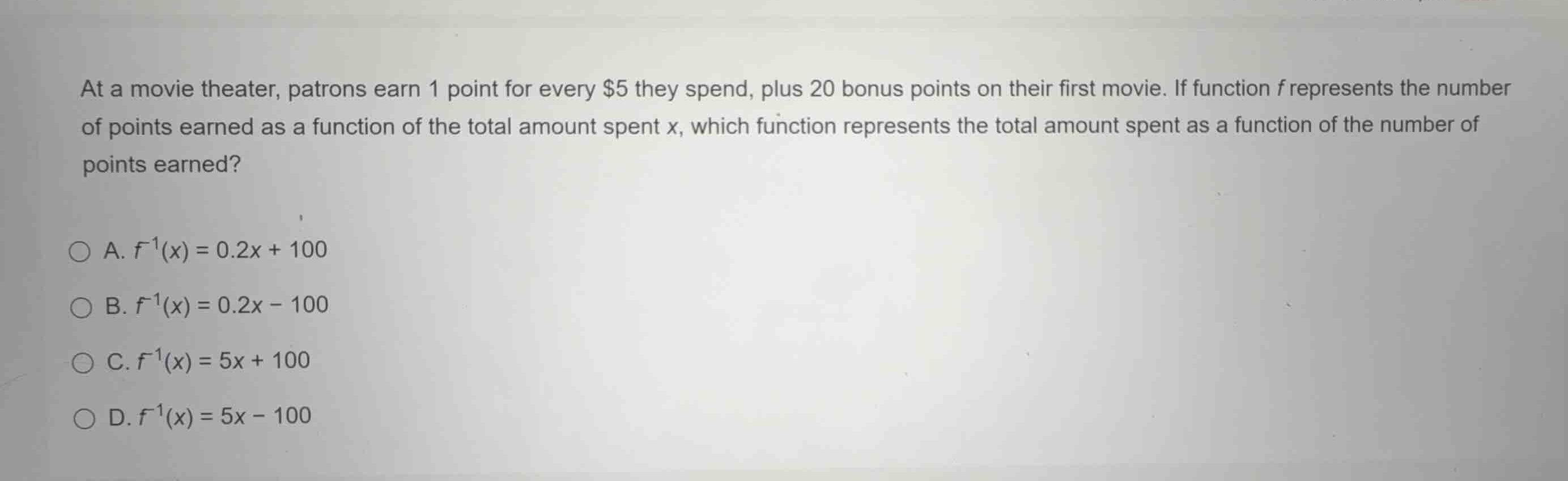 at a movie theater, patrons earn 1 point for every $5 they spend, plus …
