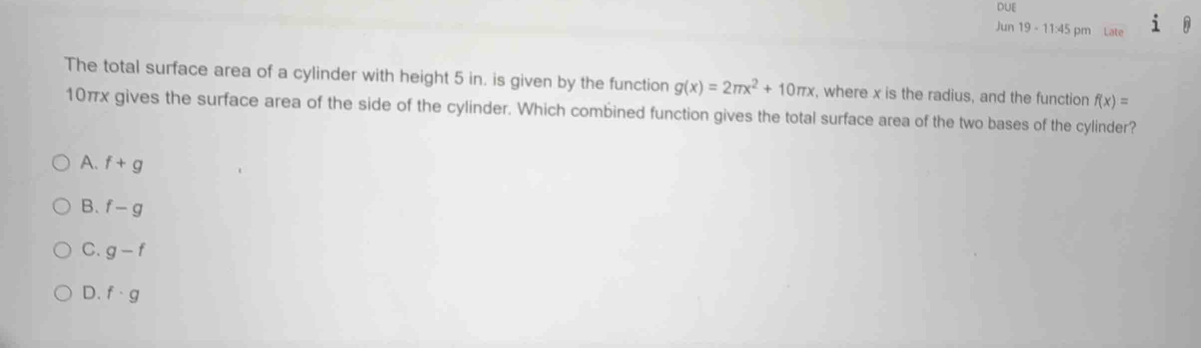 the total surface area of a cylinder with height 5 in. is given by the …