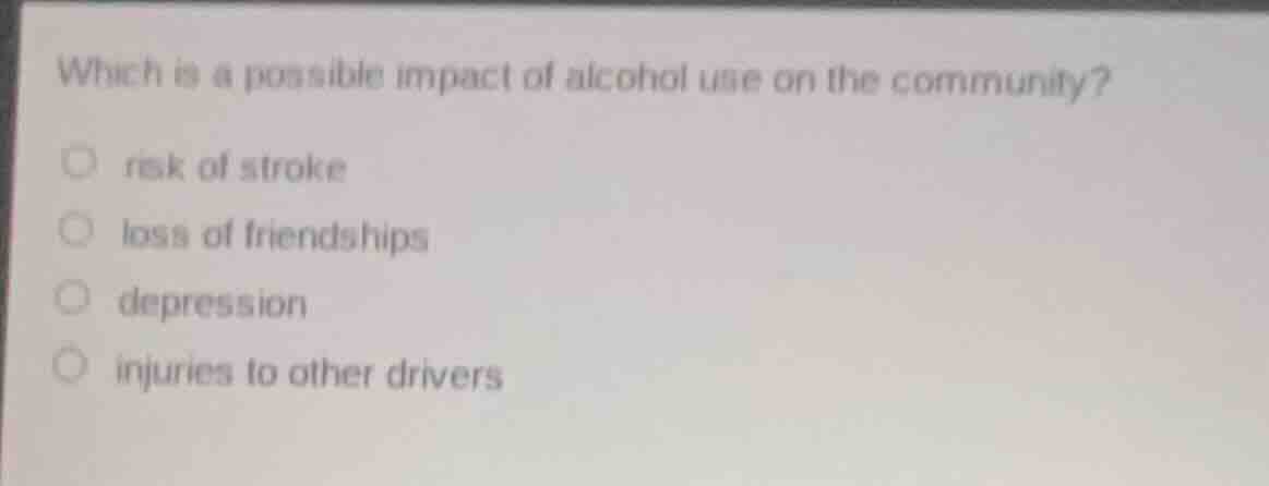 which is a possible impact of alcohol use on the community? risk of str…