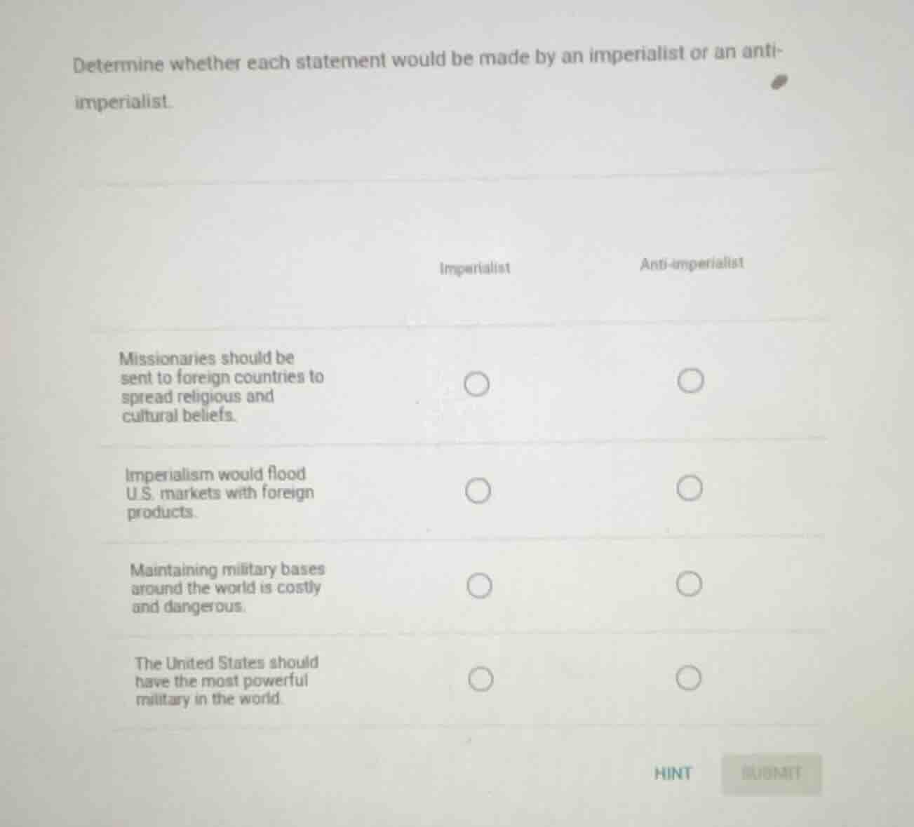 determine whether each statement would be made by an imperialist or an …