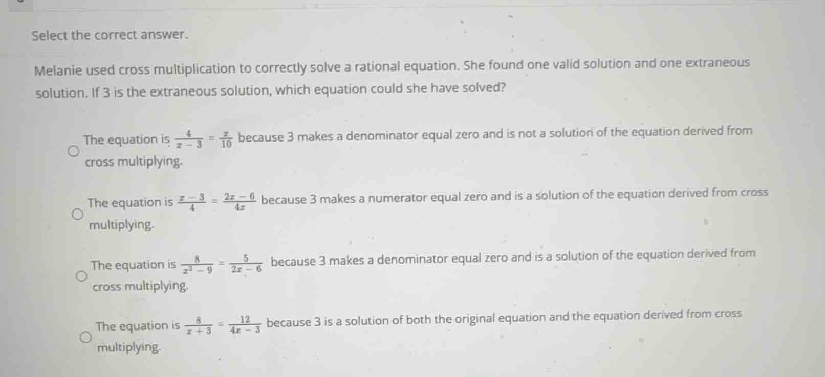 select the correct answer. melanie used cross multiplication to correct…