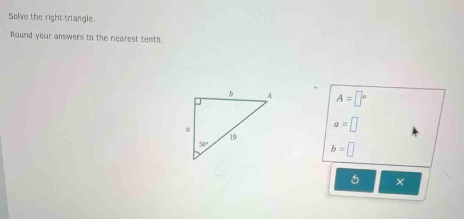 solve the right triangle. round your answers to the nearest tenth. \\(a…