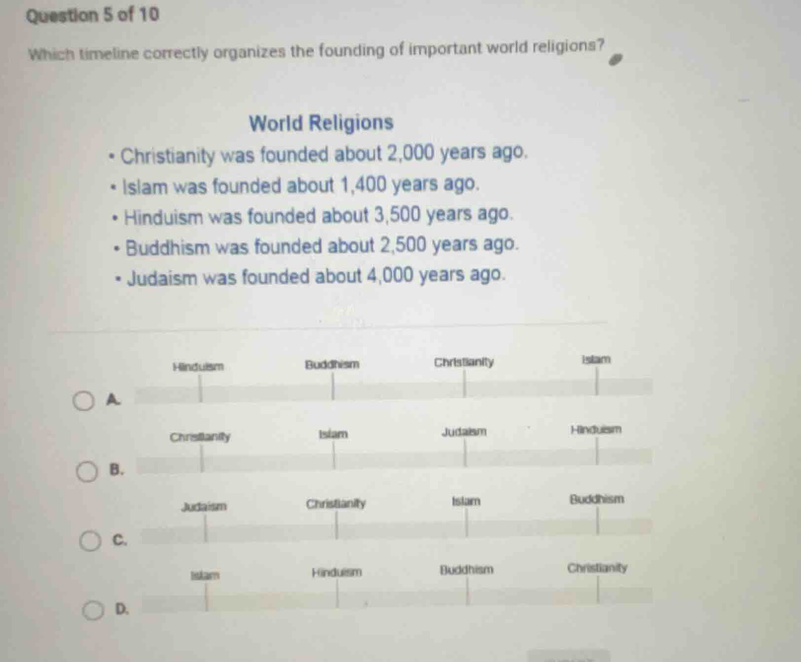 question 5 of 10 which timeline correctly organizes the founding of imp…
